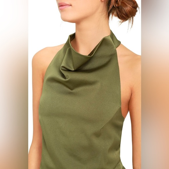 Elliatt Camo Asymmetric Satin Halter Dress in Khaki Green - Picture 4 of 15